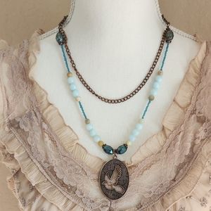 Copper Chain and Blue Necklace with Large Bird Focal and Matching Earrings